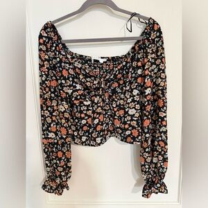 Astr Black Floral Tie-Front Crop Top with Orange and Cream Flowers